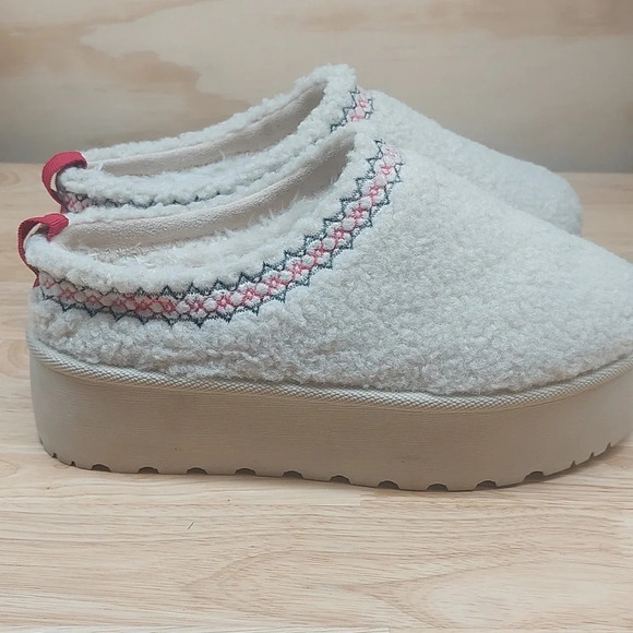 Platform embroidered braided Sherpa slip-on mules shoes ivory cream size 6 Boho - Picture 8 of 11